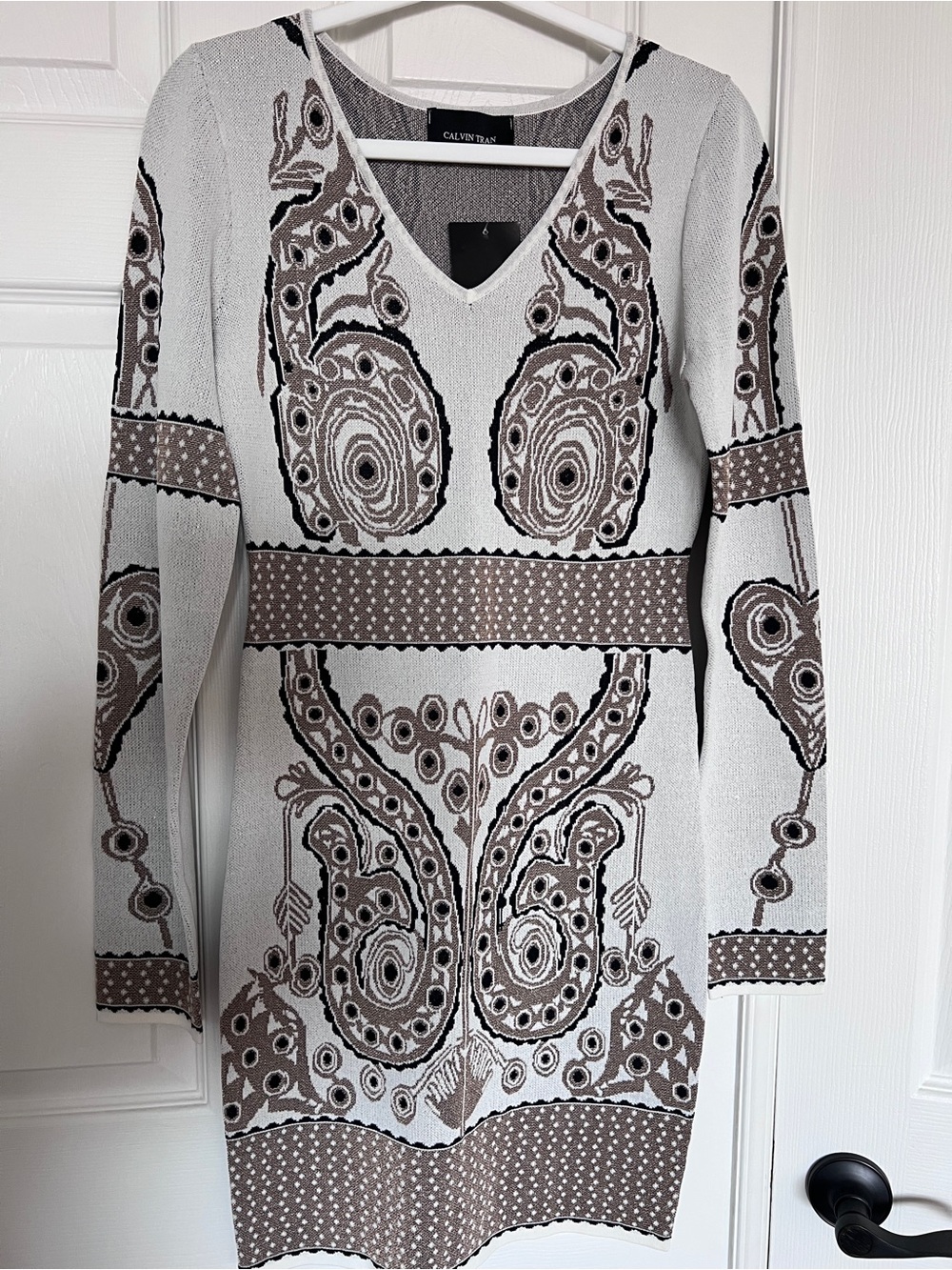 Calvin Tran Dress Women M Black Metallic Gold Cream L/S Shift Sweater NWT